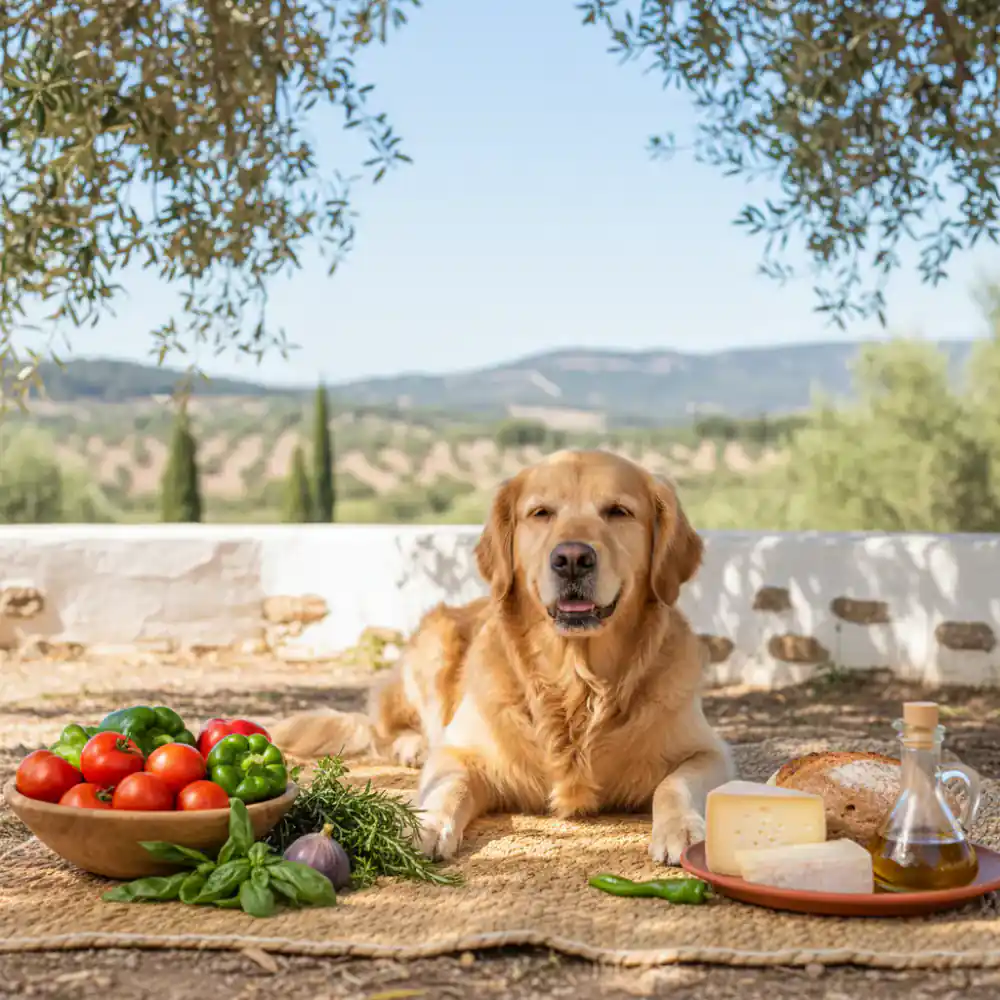 Ingredientes naturales y perro relajado