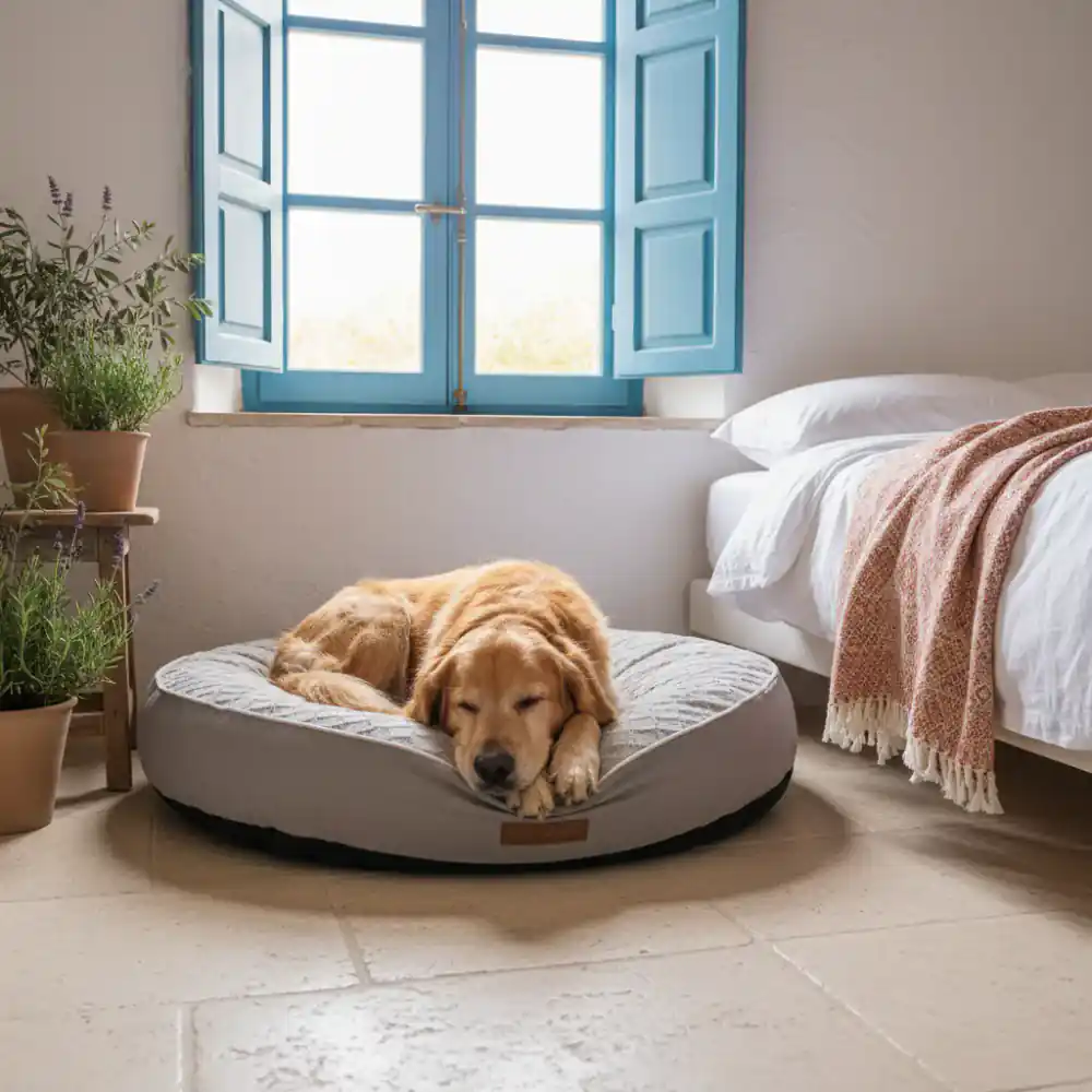 Perro durmiendo profundamente en cama especializada