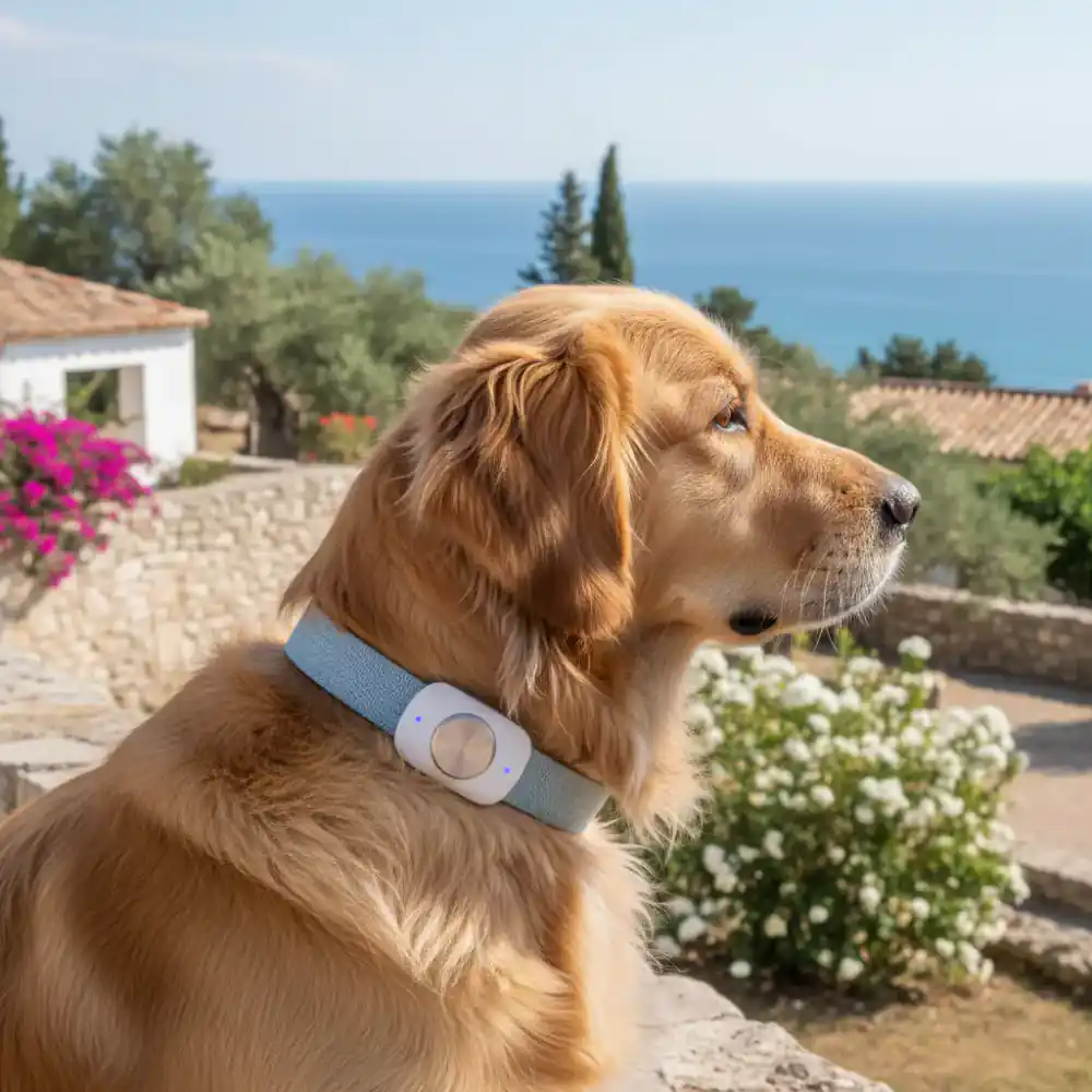 Collar inteligente de rastreo en el cuello de un perro
