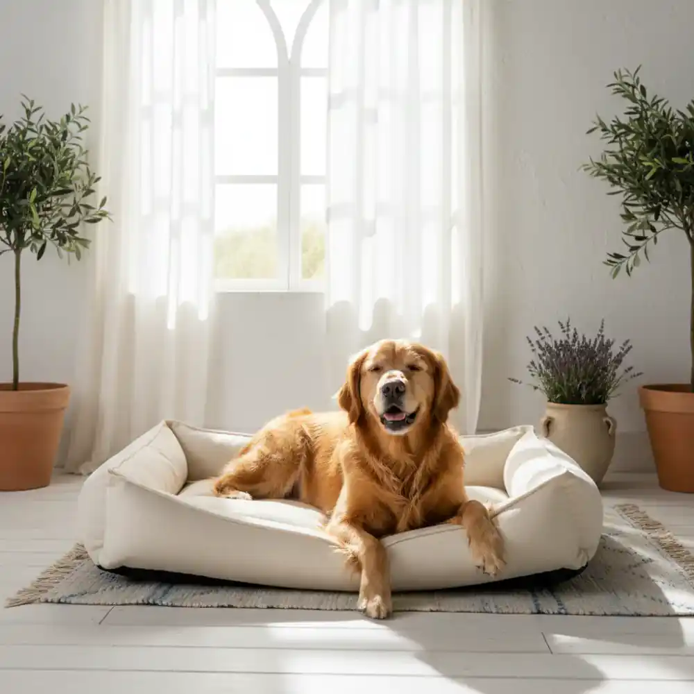 Perro feliz descansando en una cama ortopédica en un interior luminoso y soleado