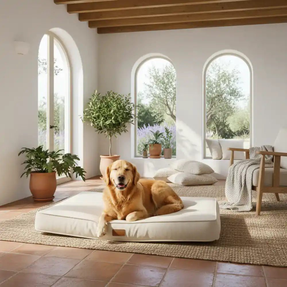 Perro feliz descansando en una cama ortopédica en un salón luminoso y cálido