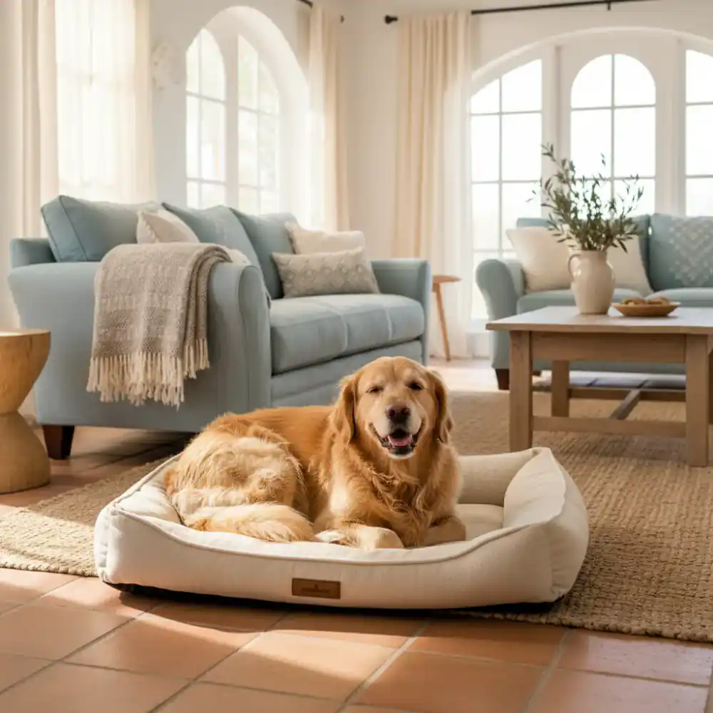 Perro feliz descansando plácidamente en una cama ortopédica en un salón luminoso y cálido