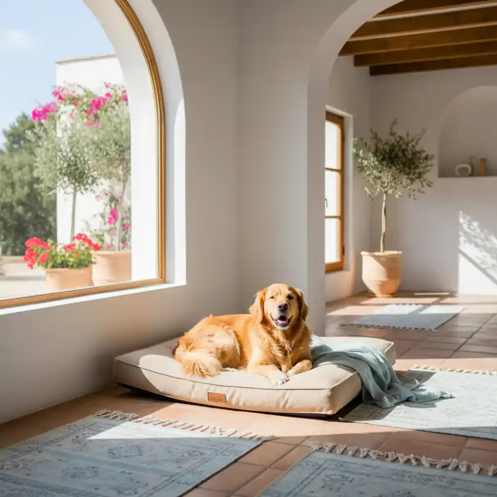 Perro feliz en cama ortopédica en un interior soleado