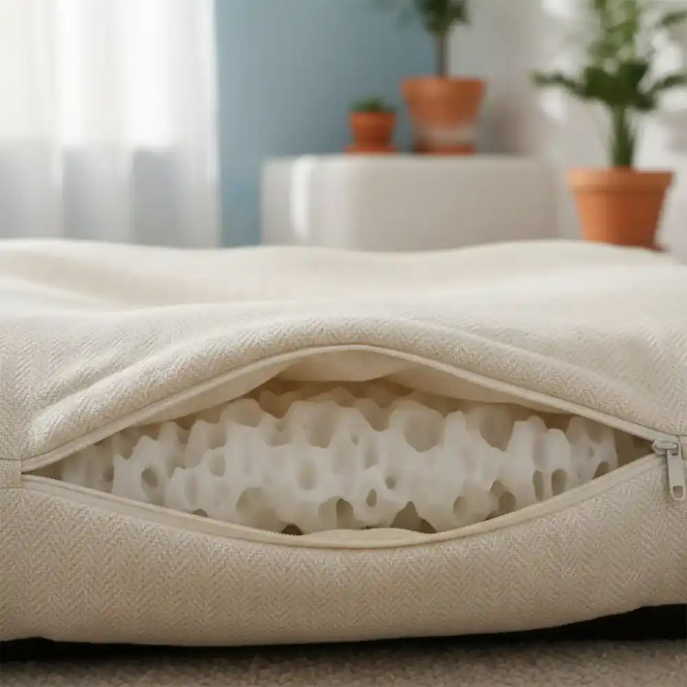 Detalle de la espuma viscoelástica y el tejido suave de una cama ortopédica para mascotas