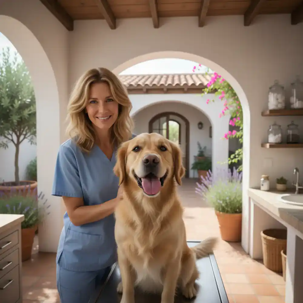 Veterinaria revisando a un perro sonriente